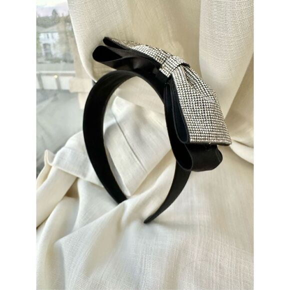 Sparkly Rhinestone black satin bow headband ￼